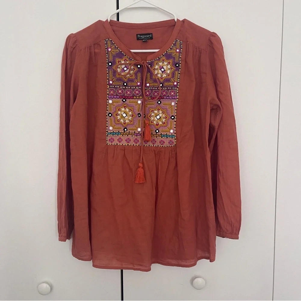 Tunique top M red long sleeves boho embroidered Fragonard
